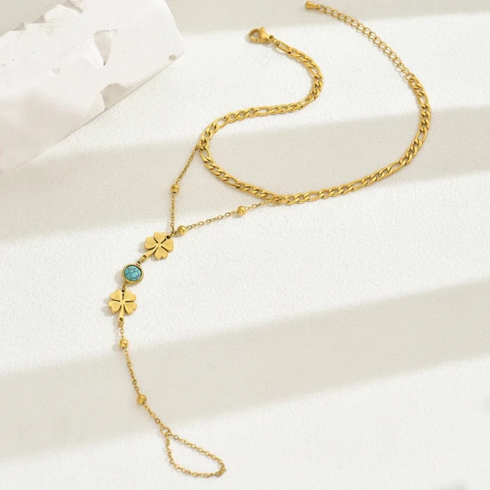 ​Y2K Gold Double Layer Foot Anklet Turquoise Clover Barefoot Chain Sandal - Picture 11 of 12